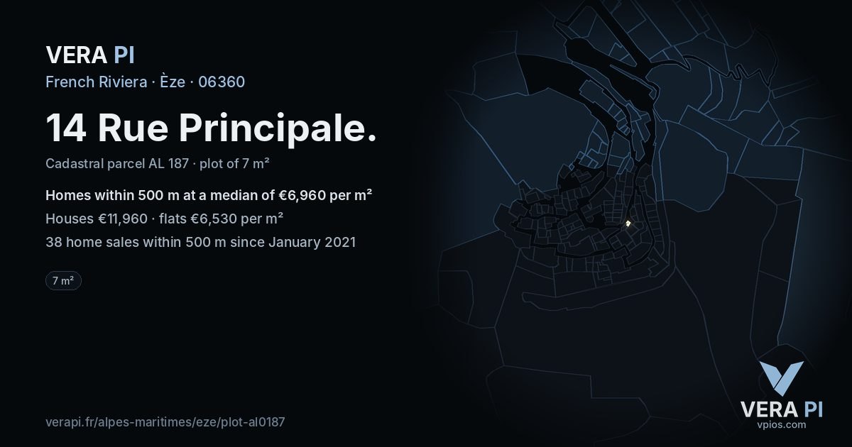 14 Rue Principale, Èze at night – the plot lit, the parcels around coloured by the prices near them