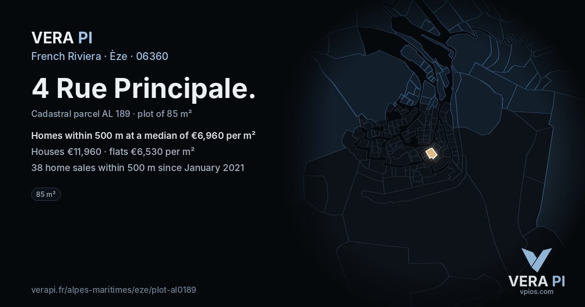 4 Rue Principale, Èze at night – the plot lit, the parcels around coloured by the prices near them