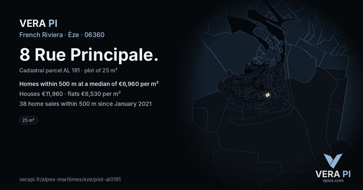 8 Rue Principale, Èze at night – the plot lit, the parcels around coloured by the prices near them