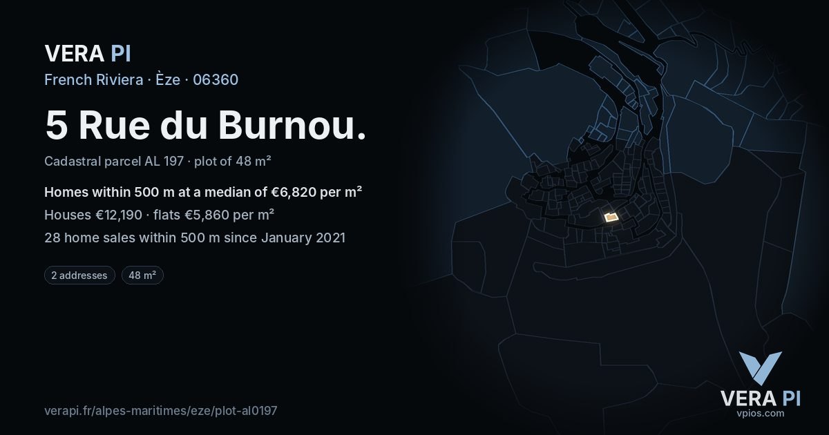 5 Rue du Burnou, Èze at night – the plot lit, the parcels around coloured by the prices near them