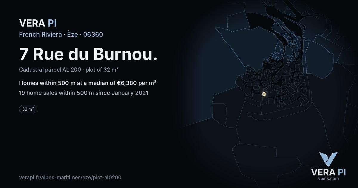 7 Rue du Burnou, Èze at night – the plot lit, the parcels around coloured by the prices near them