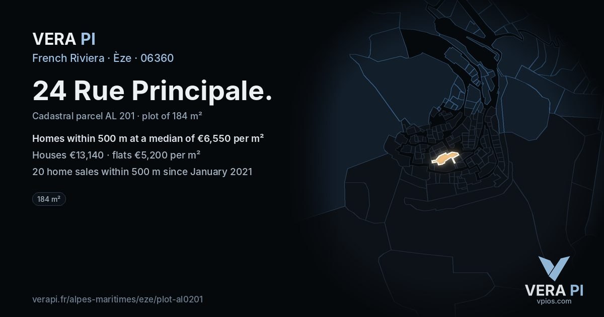 24 Rue Principale, Èze at night – the plot lit, the parcels around coloured by the prices near them