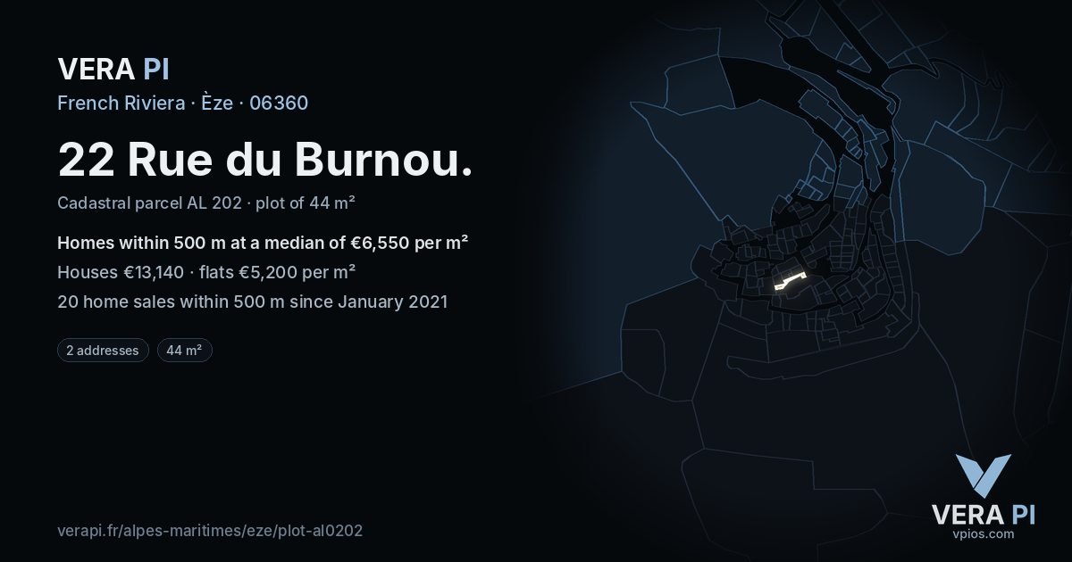 22 Rue du Burnou, Èze at night – the plot lit, the parcels around coloured by the prices near them