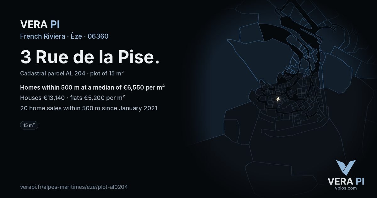 3 Rue de la Pise, Èze at night – the plot lit, the parcels around coloured by the prices near them