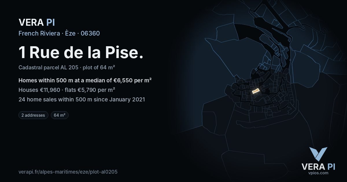1 Rue de la Pise, Èze at night – the plot lit, the parcels around coloured by the prices near them