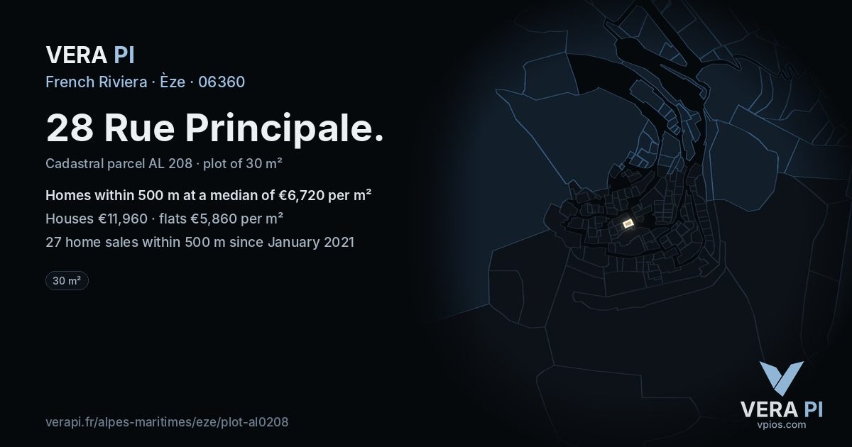 28 Rue Principale, Èze at night – the plot lit, the parcels around coloured by the prices near them