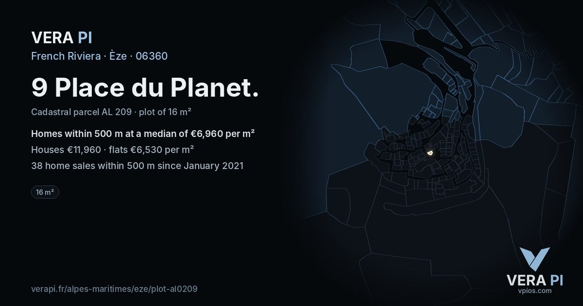 9 Place du Planet, Èze at night – the plot lit, the parcels around coloured by the prices near them