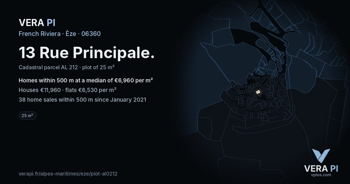 13 Rue Principale, Èze at night – the plot lit, the parcels around coloured by the prices near them