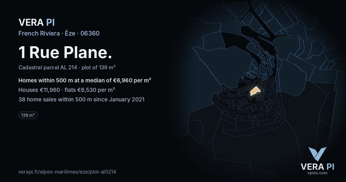 1 Rue Plane, Èze at night – the plot lit, the parcels around coloured by the prices near them