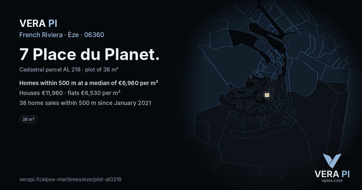 7 Place du Planet, Èze at night – the plot lit, the parcels around coloured by the prices near them