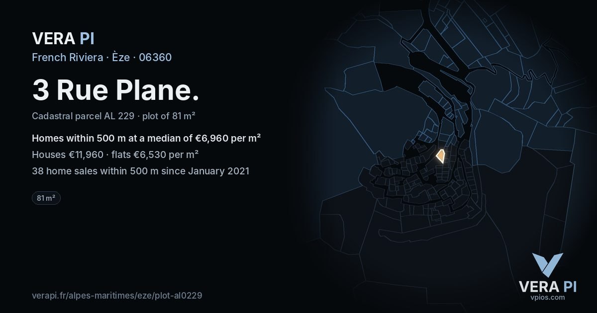 3 Rue Plane, Èze at night – the plot lit, the parcels around coloured by the prices near them