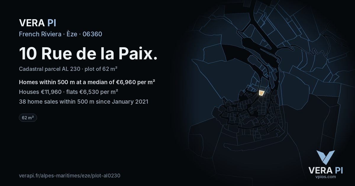 10 Rue de la Paix, Èze at night – the plot lit, the parcels around coloured by the prices near them