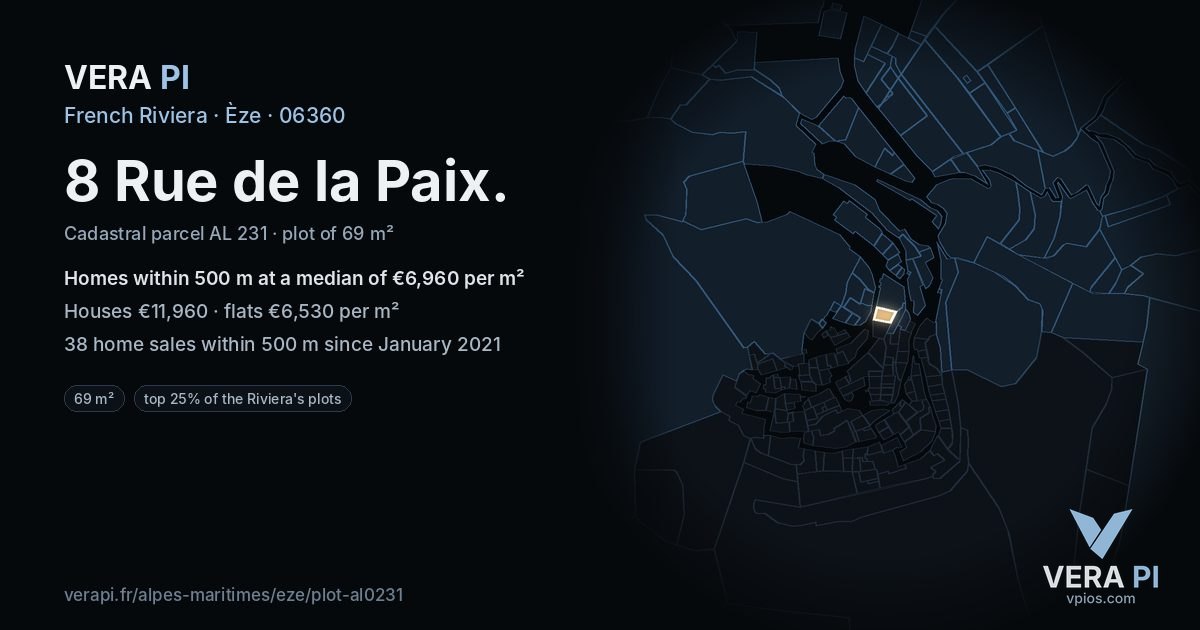 8 Rue de la Paix, Èze at night – the plot lit, the parcels around coloured by the prices near them