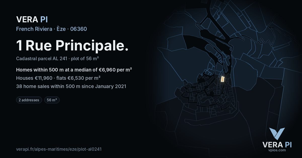 1 Rue Principale, Èze at night – the plot lit, the parcels around coloured by the prices near them