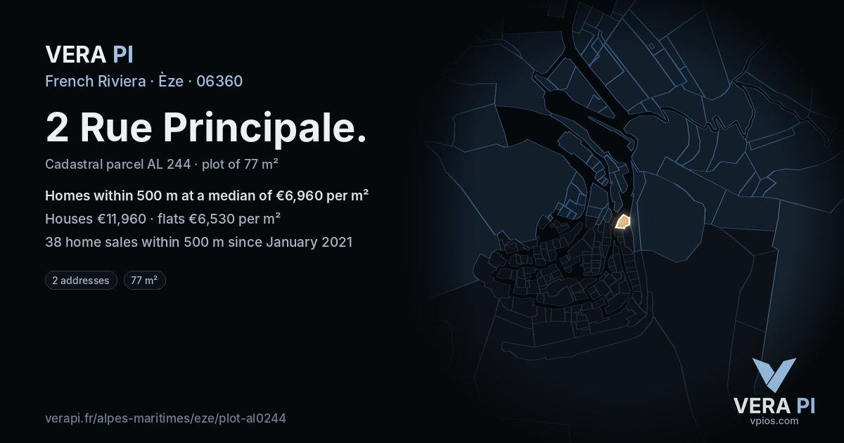 2 Rue Principale, Èze at night – the plot lit, the parcels around coloured by the prices near them