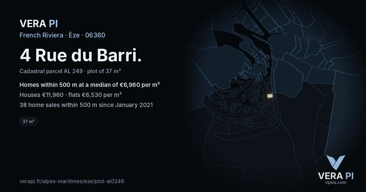 4 Rue du Barri, Èze at night – the plot lit, the parcels around coloured by the prices near them