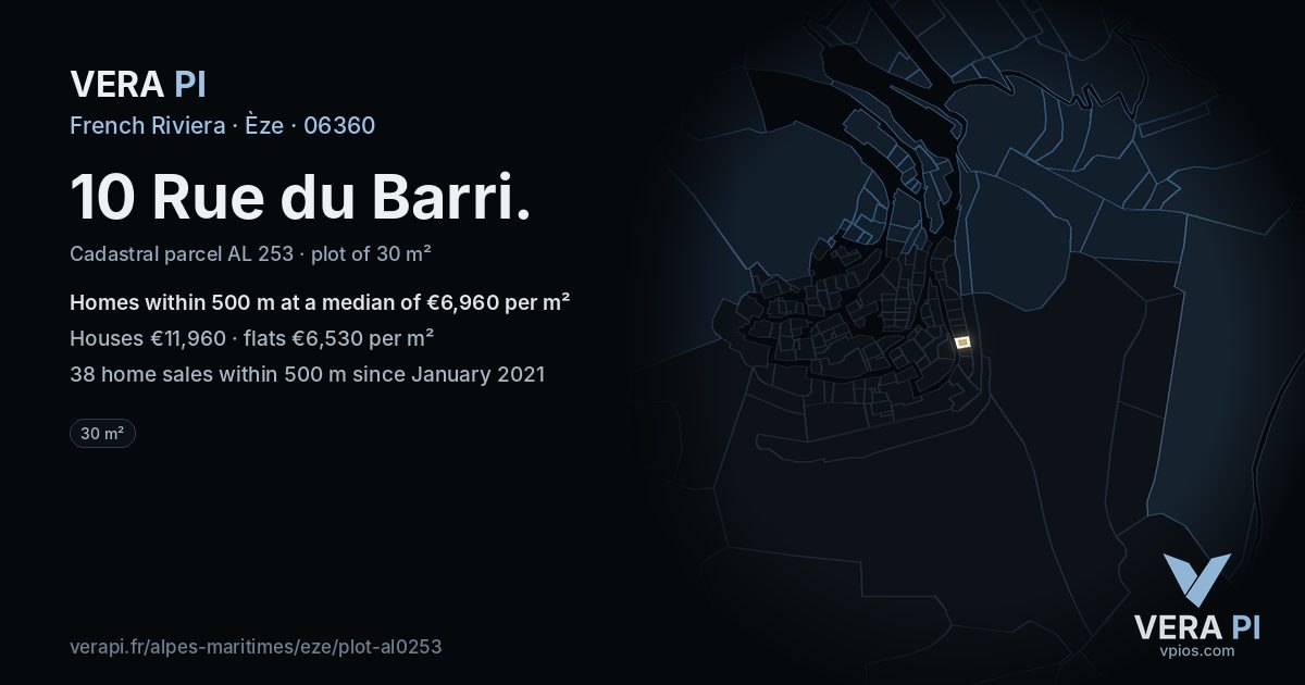 10 Rue du Barri, Èze at night – the plot lit, the parcels around coloured by the prices near them