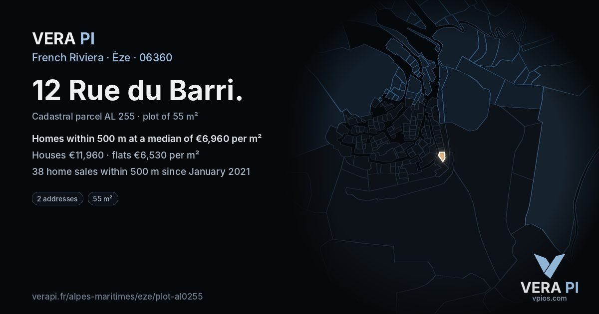 12 Rue du Barri, Èze at night – the plot lit, the parcels around coloured by the prices near them