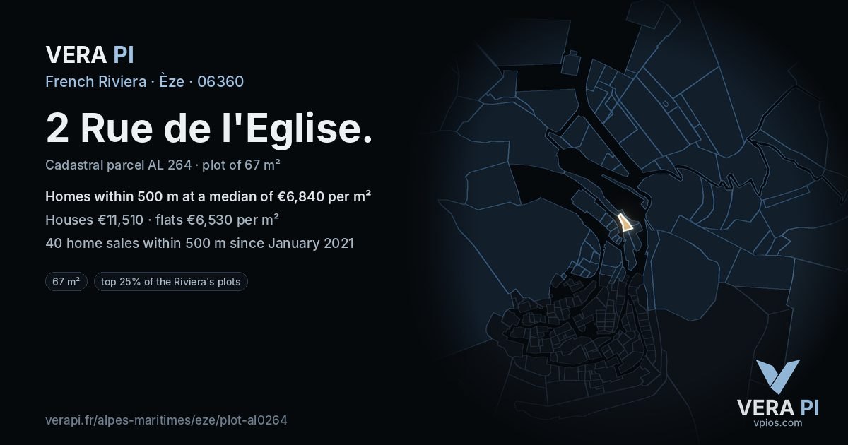 2 Rue de l'Eglise, Èze at night – the plot lit, the parcels around coloured by the prices near them