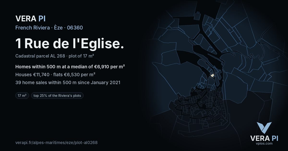 1 Rue de l'Eglise, Èze at night – the plot lit, the parcels around coloured by the prices near them