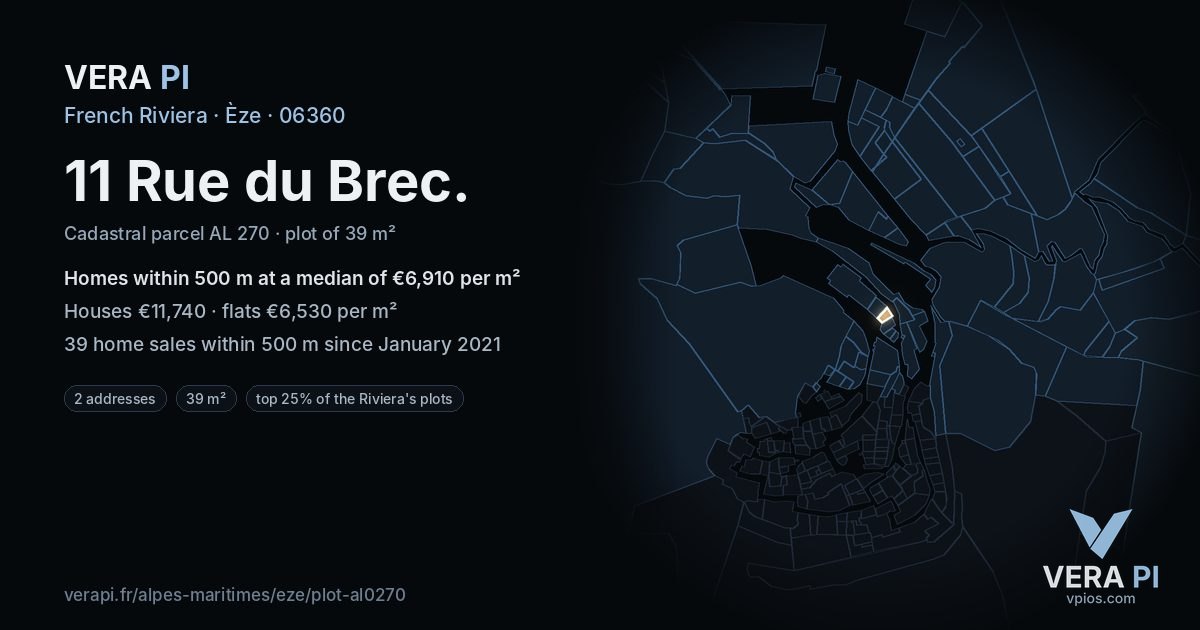 11 Rue du Brec, Èze at night – the plot lit, the parcels around coloured by the prices near them