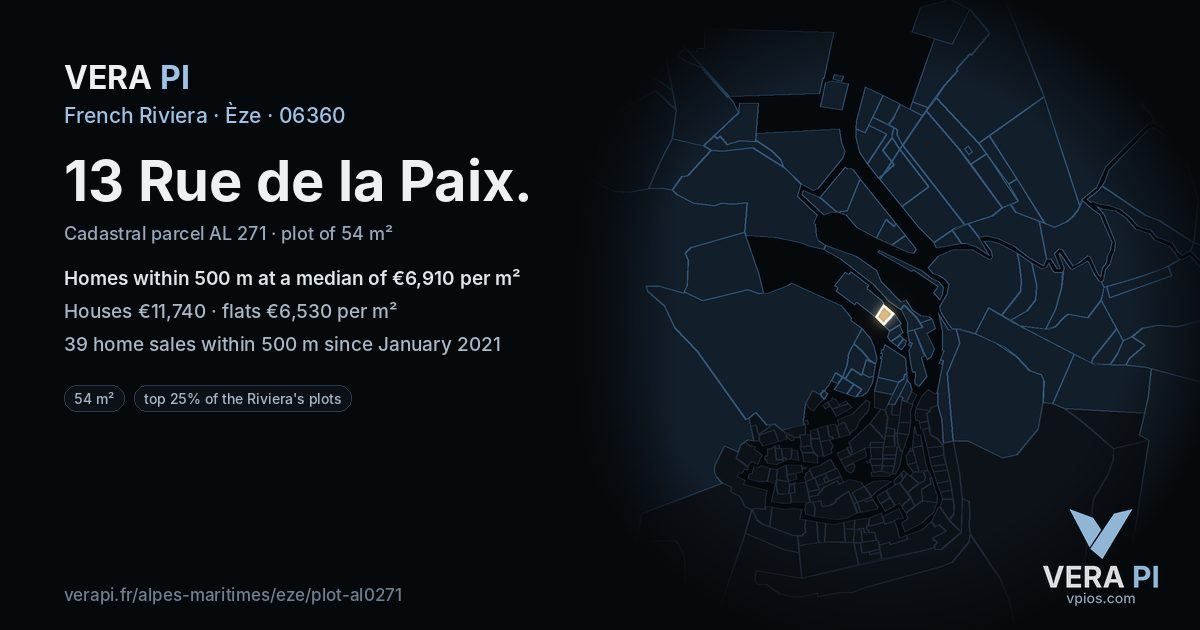 13 Rue de la Paix, Èze at night – the plot lit, the parcels around coloured by the prices near them