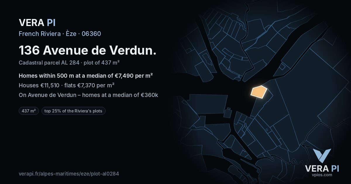 136 Avenue de Verdun, Èze at night – the plot lit, the parcels around coloured by the prices near them