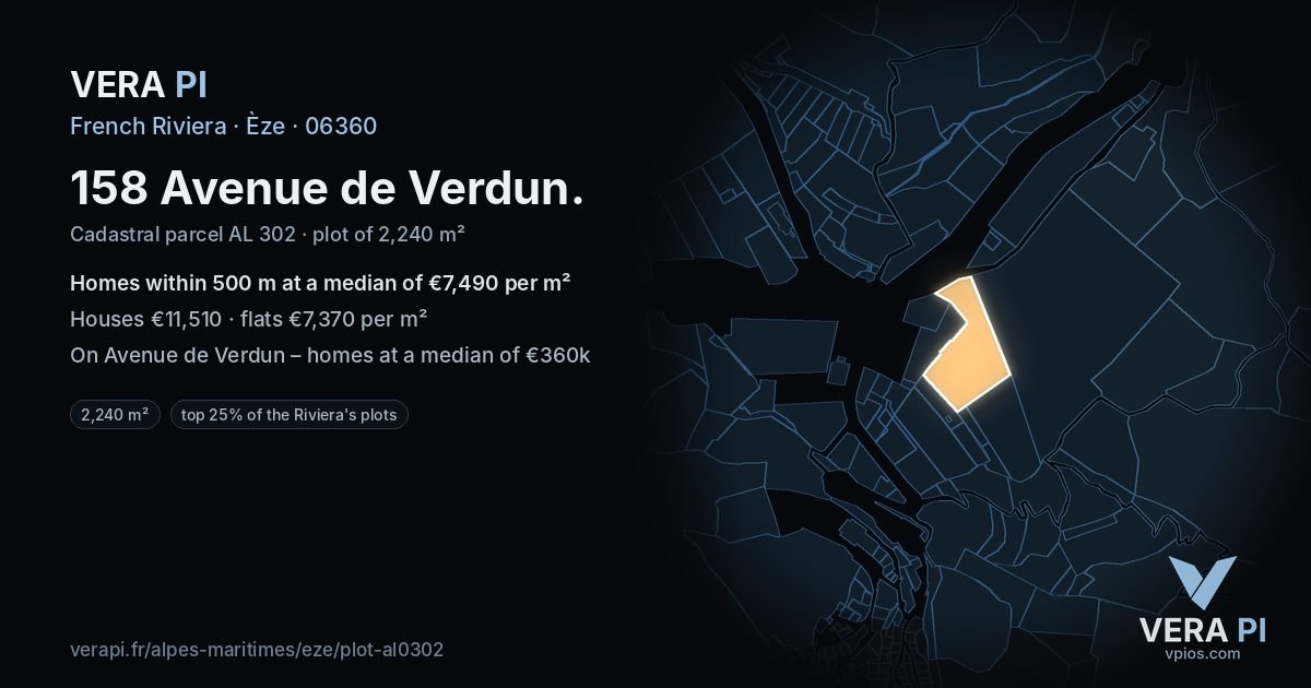 158 Avenue de Verdun, Èze at night – the plot lit, the parcels around coloured by the prices near them