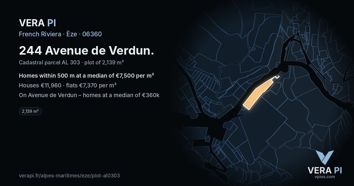 244 Avenue de Verdun, Èze at night – the plot lit, the parcels around coloured by the prices near them