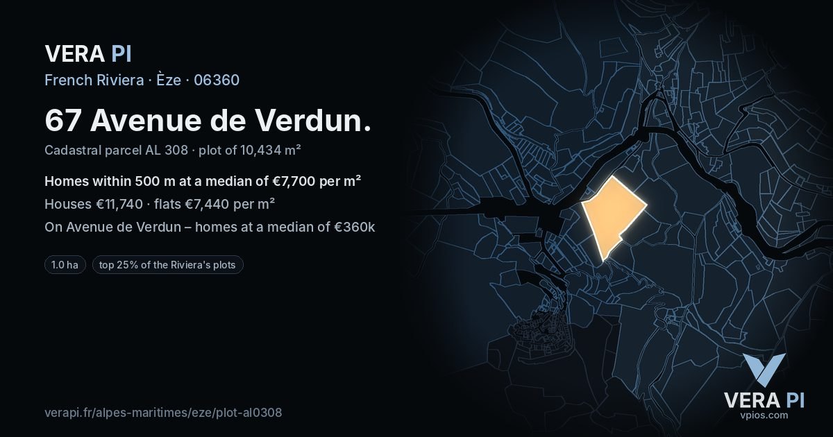67 Avenue de Verdun, Èze at night – the plot lit, the parcels around coloured by the prices near them