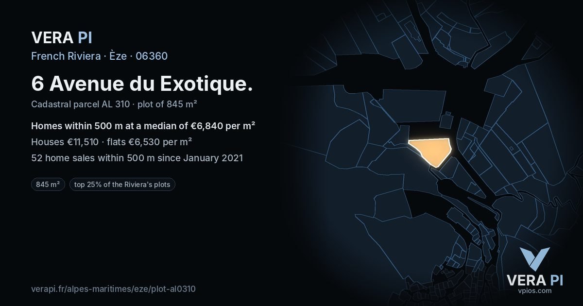 6 Avenue du Exotique, Èze at night – the plot lit, the parcels around coloured by the prices near them
