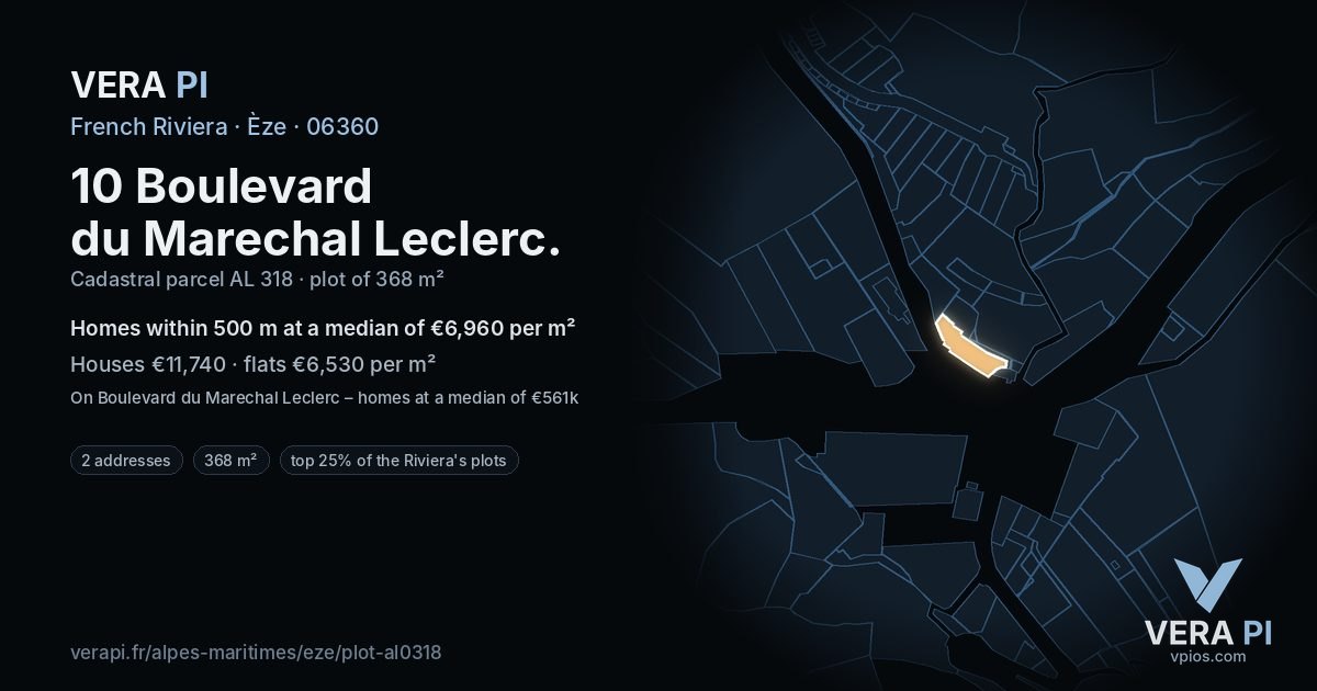 10 Boulevard du Marechal Leclerc, Èze at night – the plot lit, the parcels around coloured by the prices near them