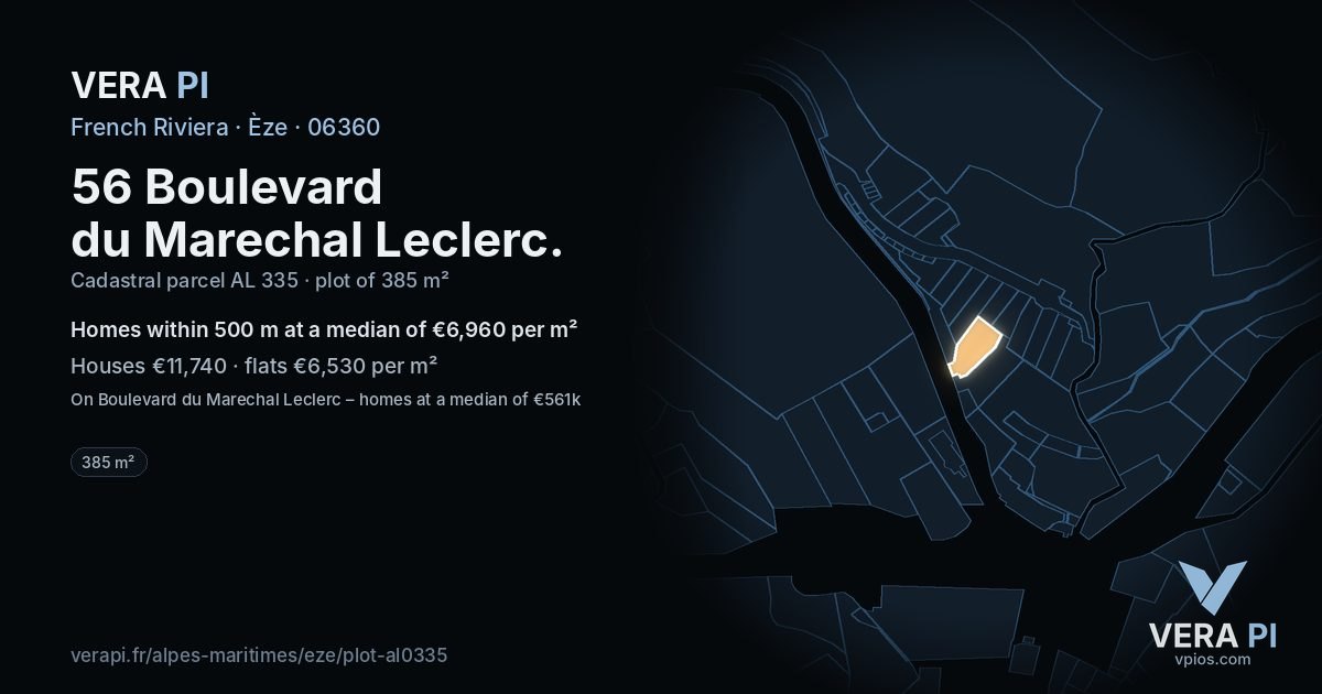 56 Boulevard du Marechal Leclerc, Èze at night – the plot lit, the parcels around coloured by the prices near them