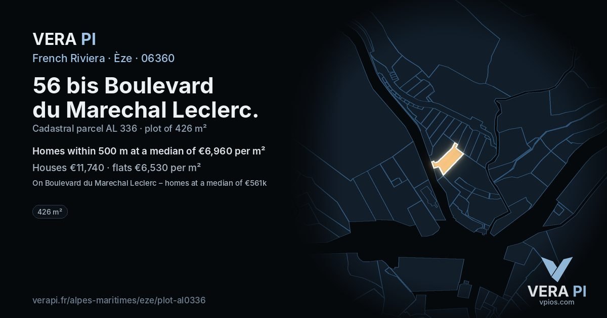 56 bis Boulevard du Marechal Leclerc, Èze at night – the plot lit, the parcels around coloured by the prices near them