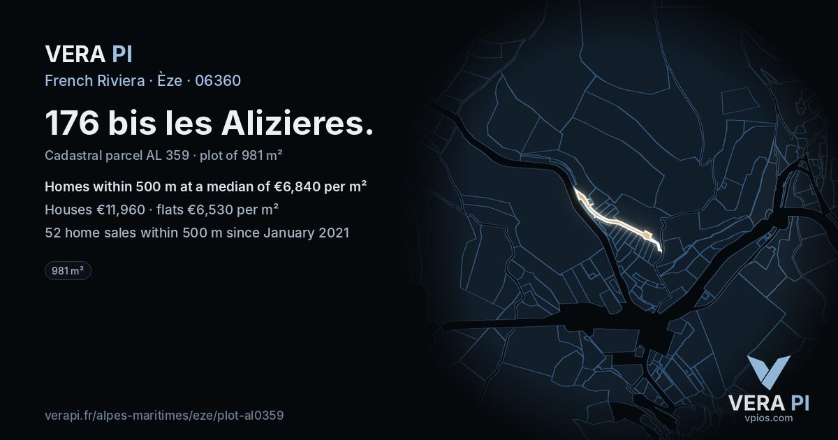 176 bis les Alizieres, Èze at night – the plot lit, the parcels around coloured by the prices near them