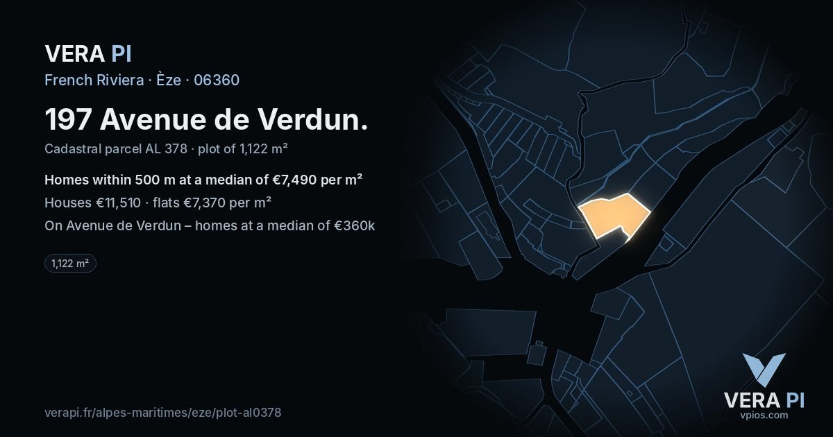 197 Avenue de Verdun, Èze at night – the plot lit, the parcels around coloured by the prices near them