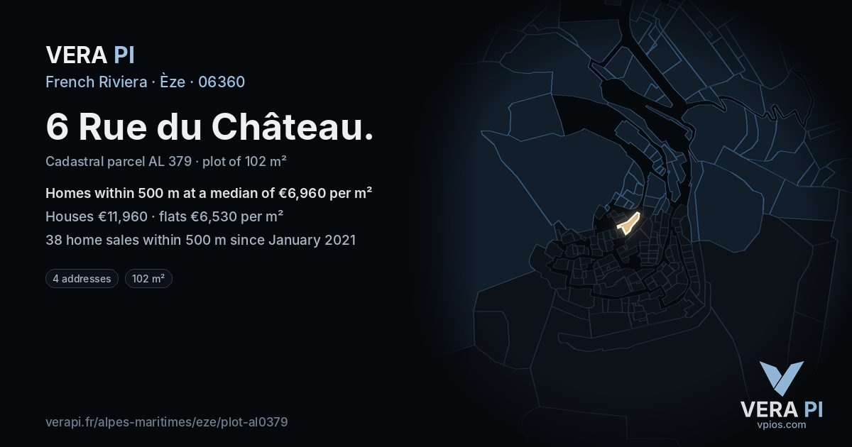 6 Rue du Château, Èze at night – the plot lit, the parcels around coloured by the prices near them