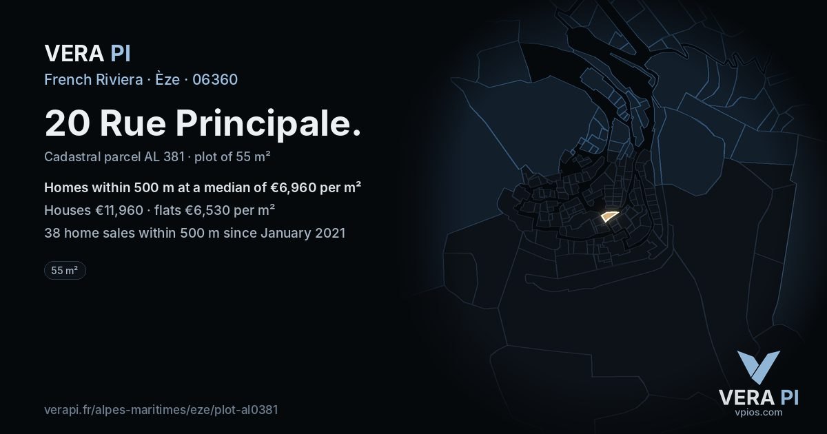 20 Rue Principale, Èze at night – the plot lit, the parcels around coloured by the prices near them