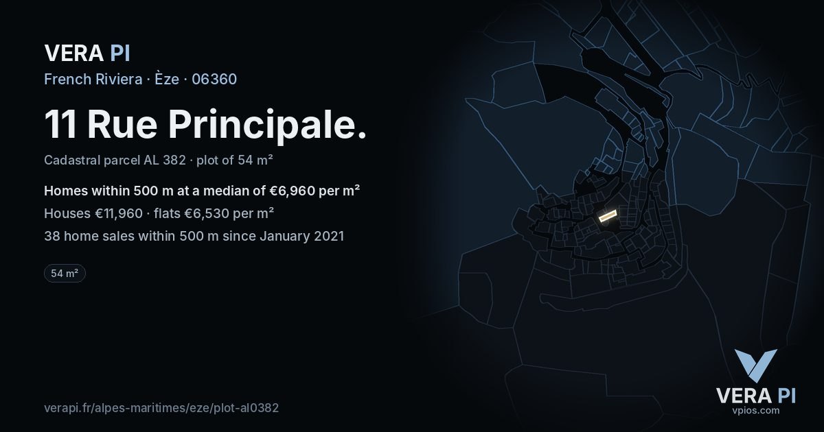 11 Rue Principale, Èze at night – the plot lit, the parcels around coloured by the prices near them