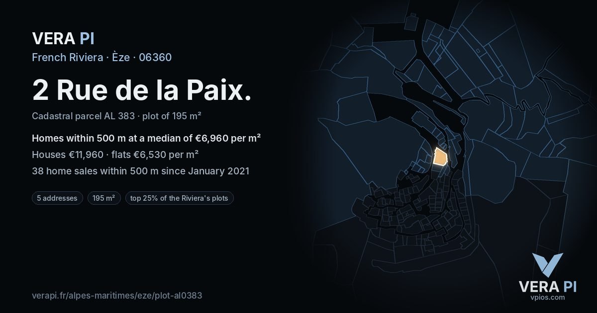 2 Rue de la Paix, Èze at night – the plot lit, the parcels around coloured by the prices near them