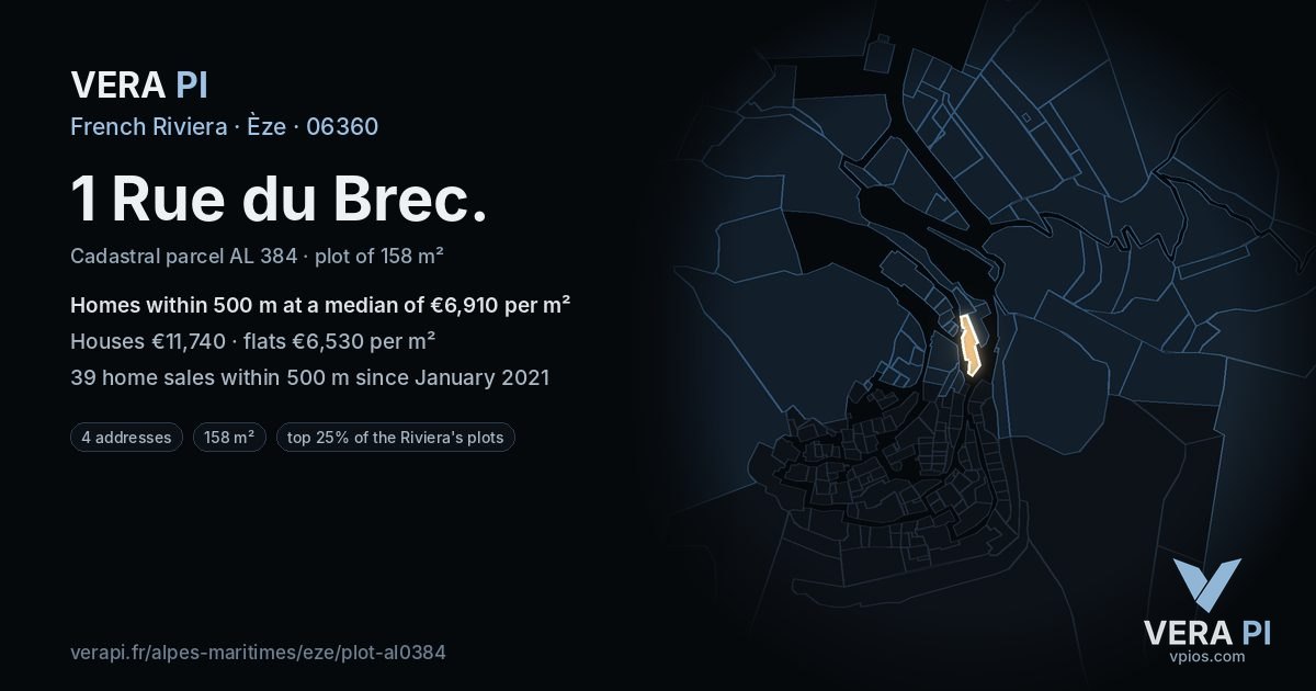 1 Rue du Brec, Èze at night – the plot lit, the parcels around coloured by the prices near them