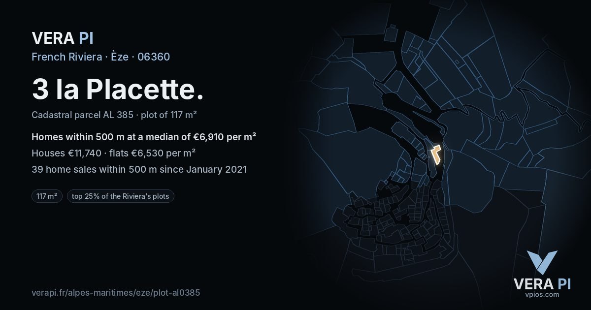 3 la Placette, Èze at night – the plot lit, the parcels around coloured by the prices near them