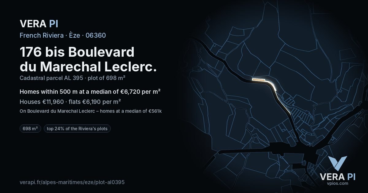 176 bis Boulevard du Marechal Leclerc, Èze at night – the plot lit, the parcels around coloured by the prices near them