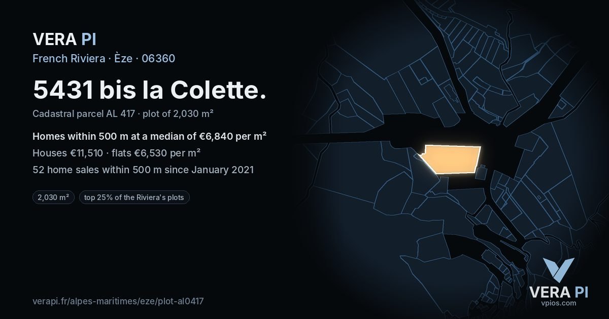 5431 bis la Colette, Èze at night – the plot lit, the parcels around coloured by the prices near them