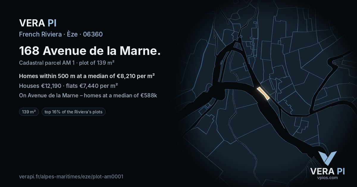 168 Avenue de la Marne, Èze at night – the plot lit, the parcels around coloured by the prices near them