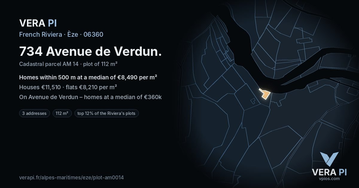 734 Avenue de Verdun, Èze at night – the plot lit, the parcels around coloured by the prices near them