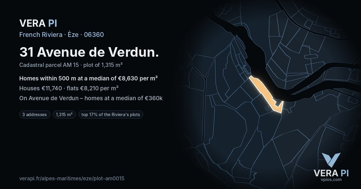 31 Avenue de Verdun, Èze at night – the plot lit, the parcels around coloured by the prices near them