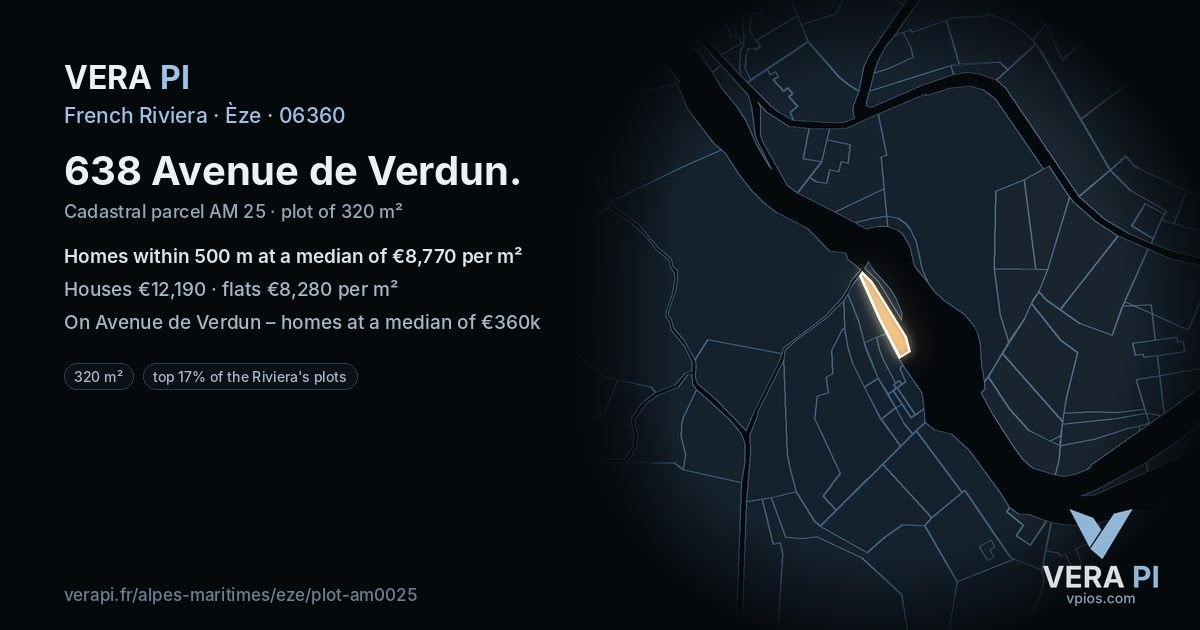 638 Avenue de Verdun, Èze at night – the plot lit, the parcels around coloured by the prices near them