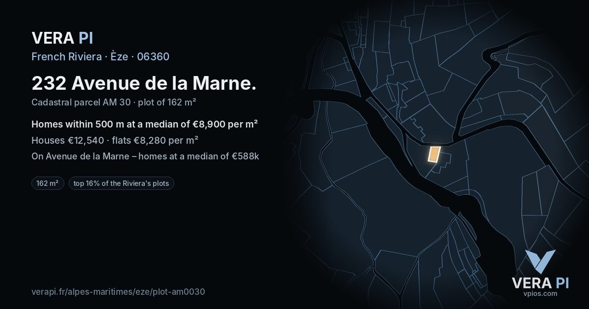 232 Avenue de la Marne, Èze at night – the plot lit, the parcels around coloured by the prices near them
