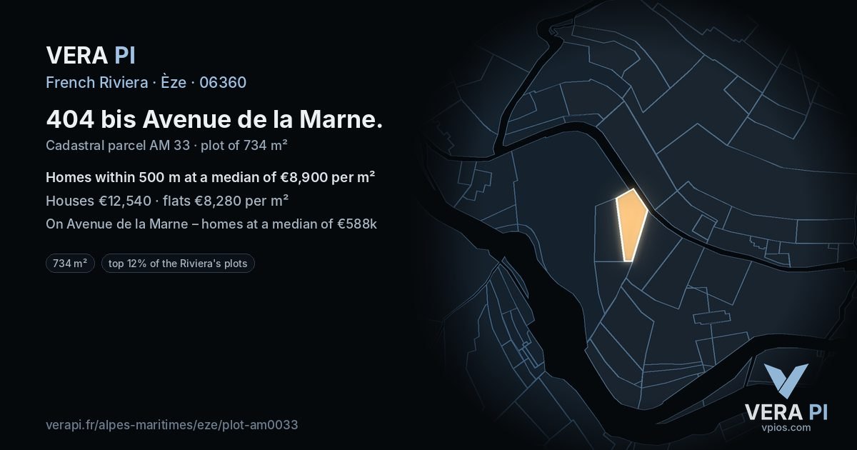 404 bis Avenue de la Marne, Èze at night – the plot lit, the parcels around coloured by the prices near them